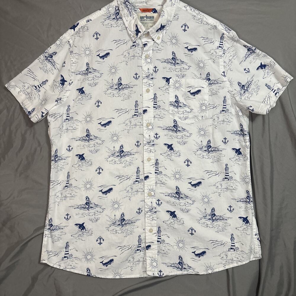 Urban Pipeline Men’s Size XL Short Sleeves Blue White Fish Mermaid Tower